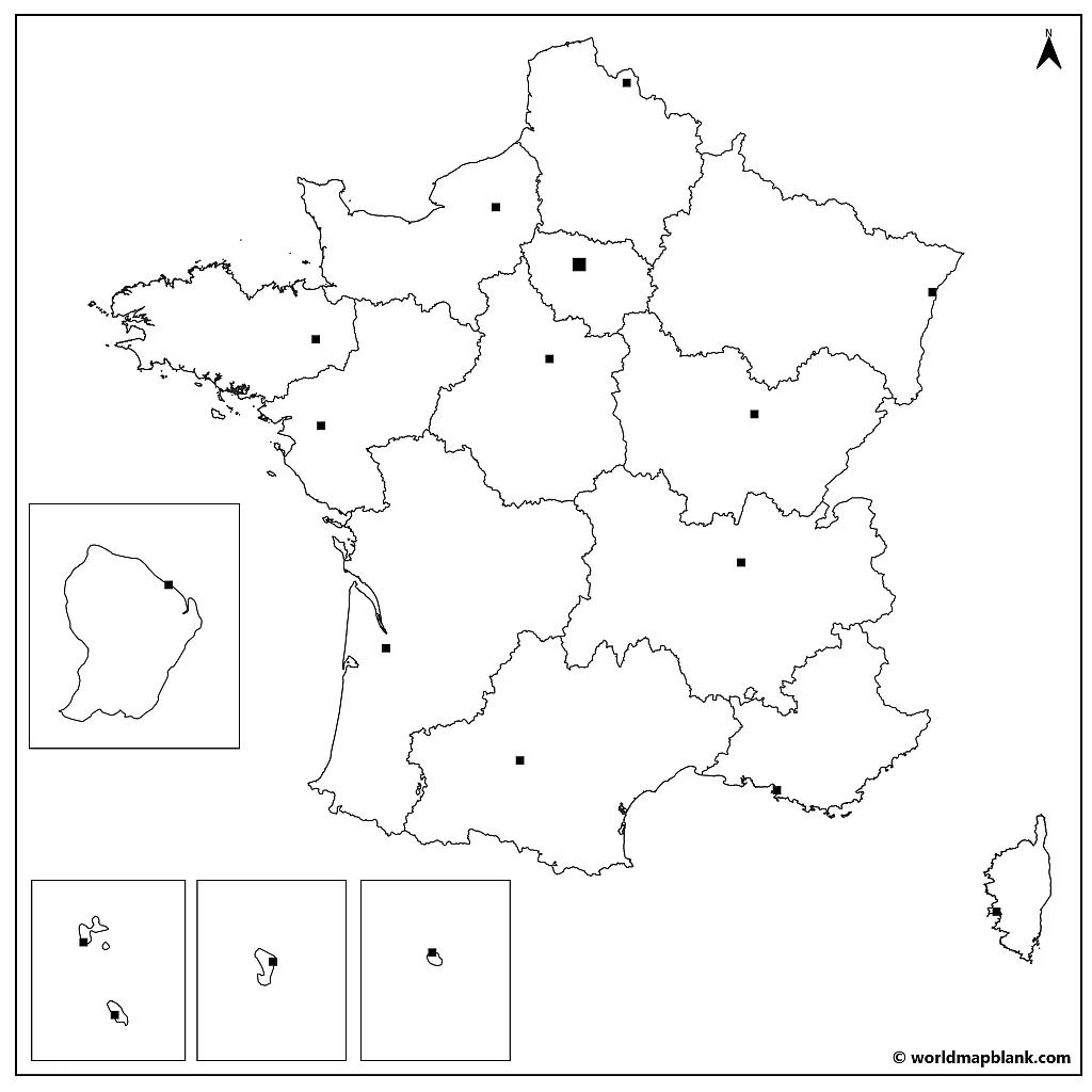 Stumme Karte von Frankreich mit Hauptstädten