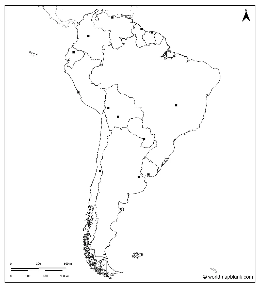 Stumme Karte von Südamerika mit Hauptstädten