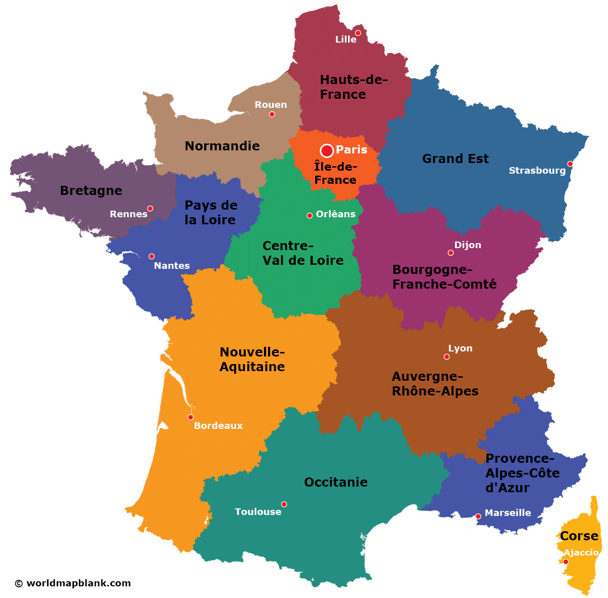 Map of France with Regions and Capitals