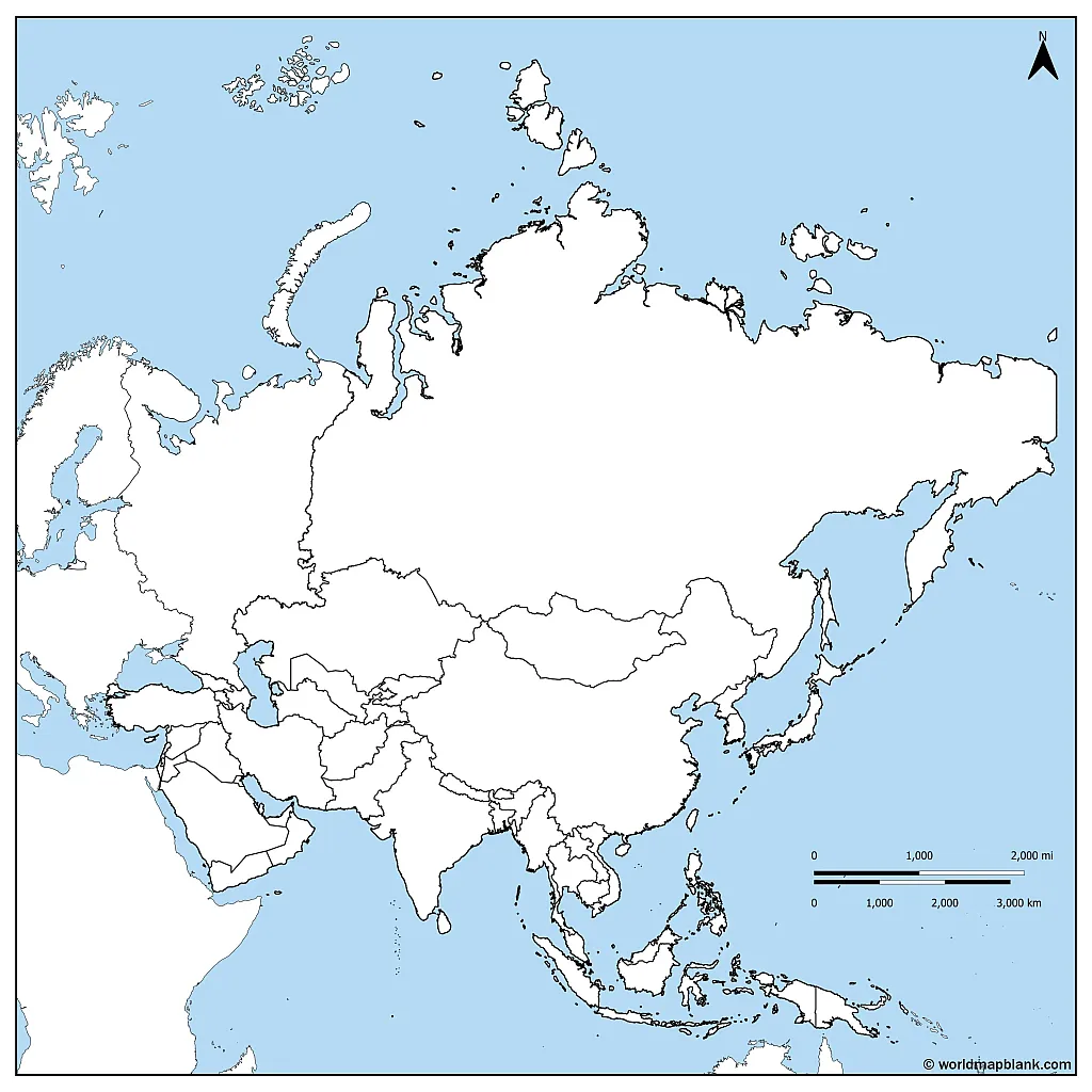 Cartina muta dell'Asia con oceani