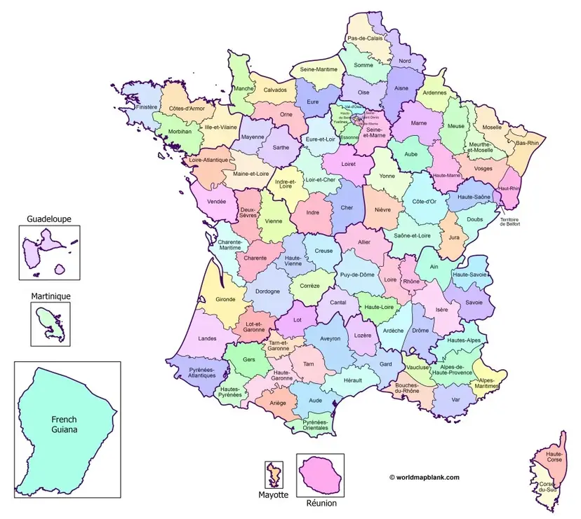 Map of France with Departments