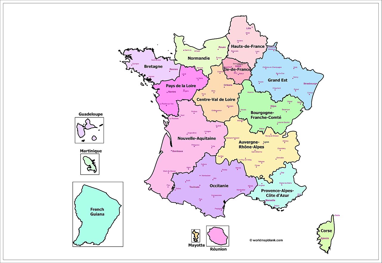 Map of France with Regions and Cities