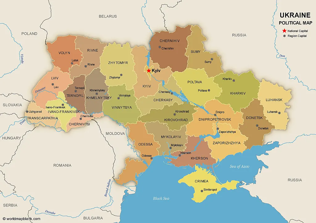 Ukraine Map with Regions and Capitals