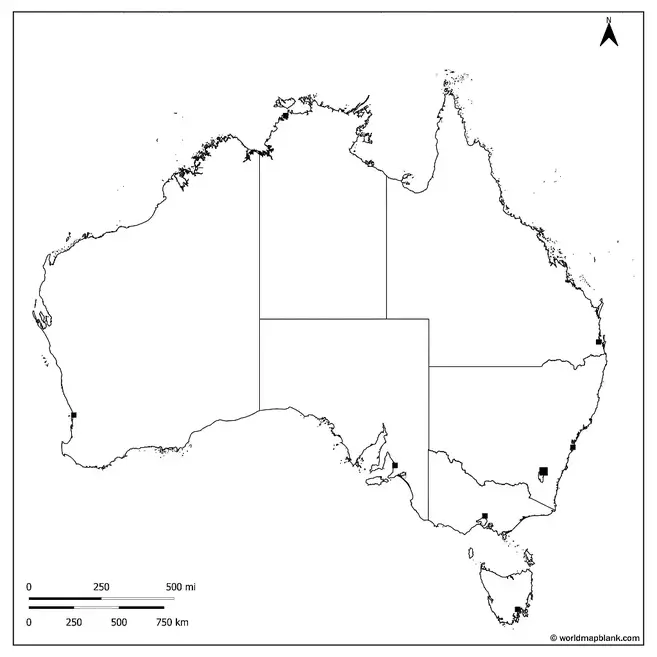 Australia Map Outline with States and Capitals