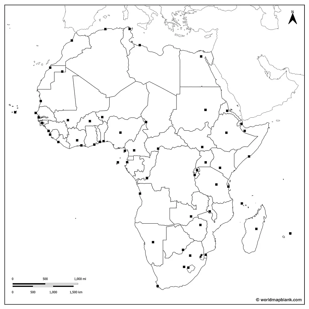 Blindkarta över Afrika med huvudstäder