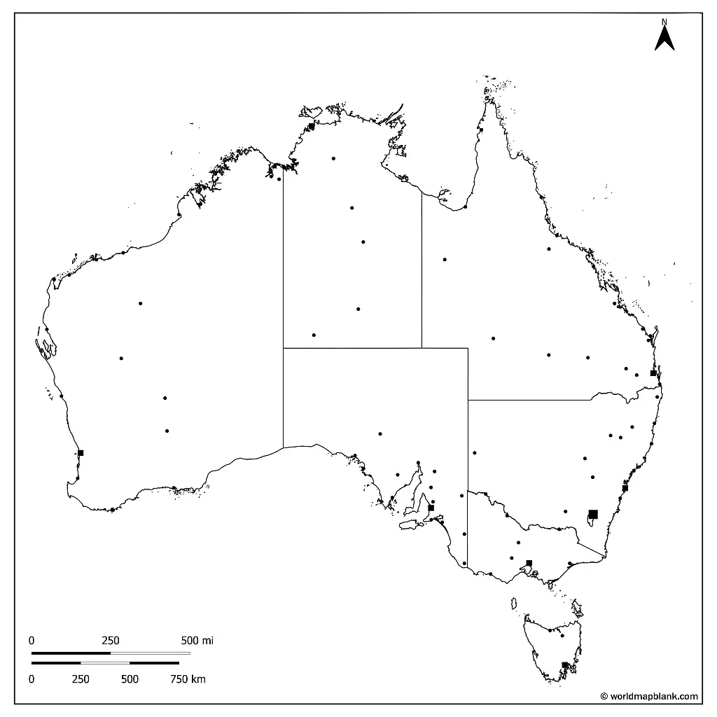 Blank Australia Map with Cities