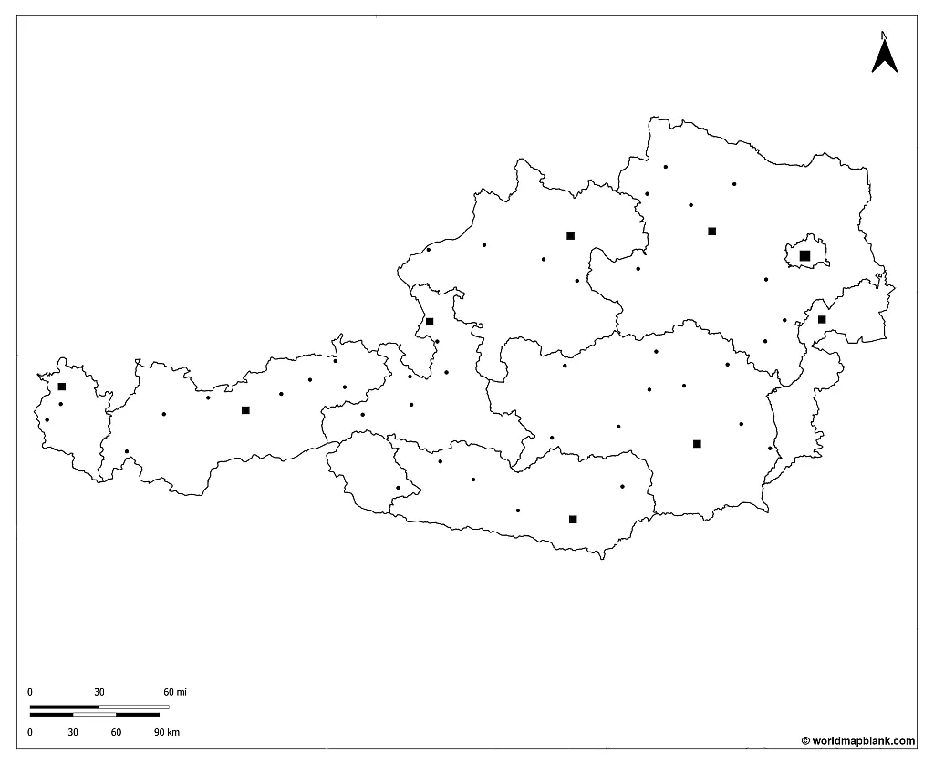 Blank Map Austria with Cities