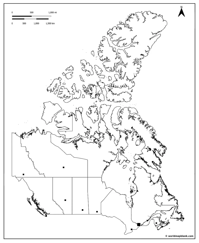 Blank Map of Canada with Provinces and Capitals