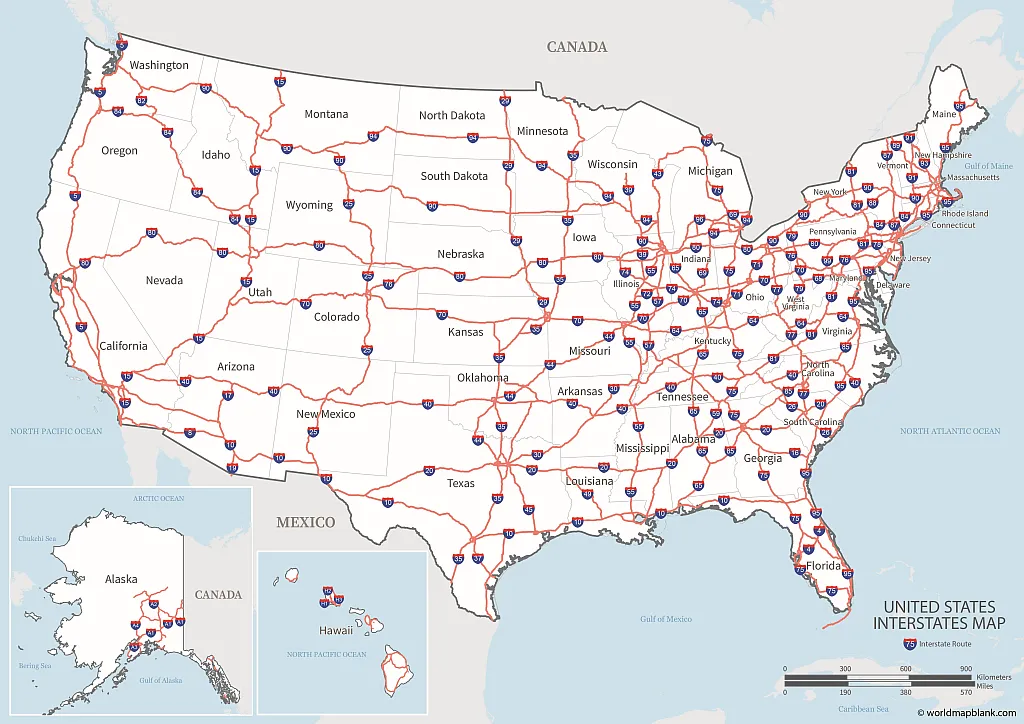 Interstate kaart van de Verenigde Staten