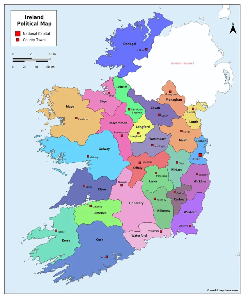 Ireland County Map with Capitals
