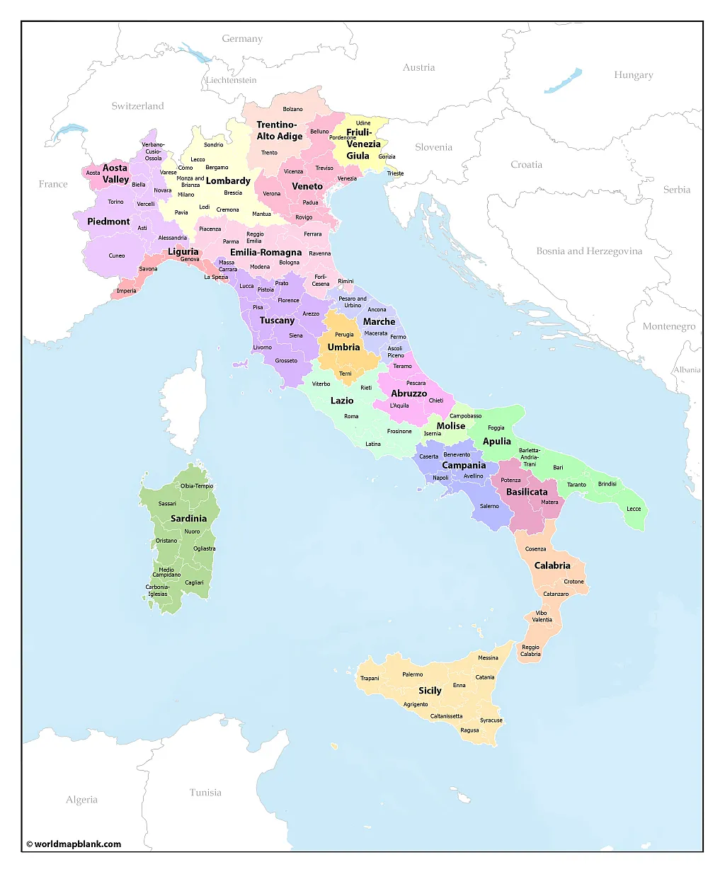 Map of Italy with Regions and Provinces En