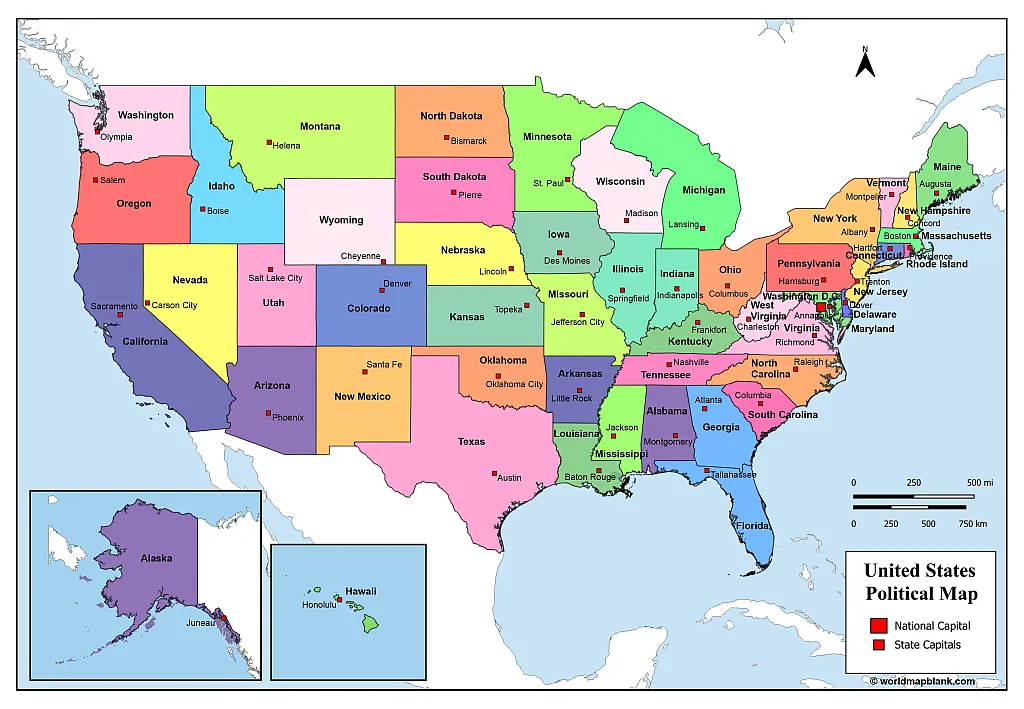 USA-Karte mit Hauptstädten