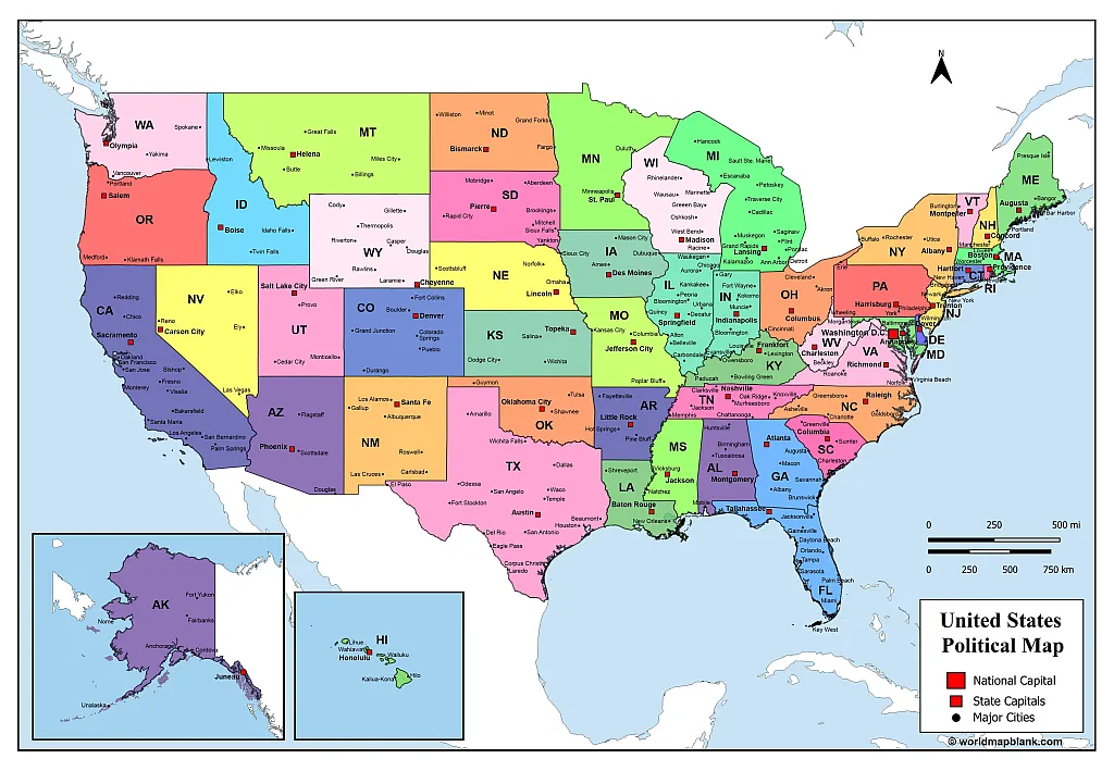 Karte der USA mit Staaten und Städten