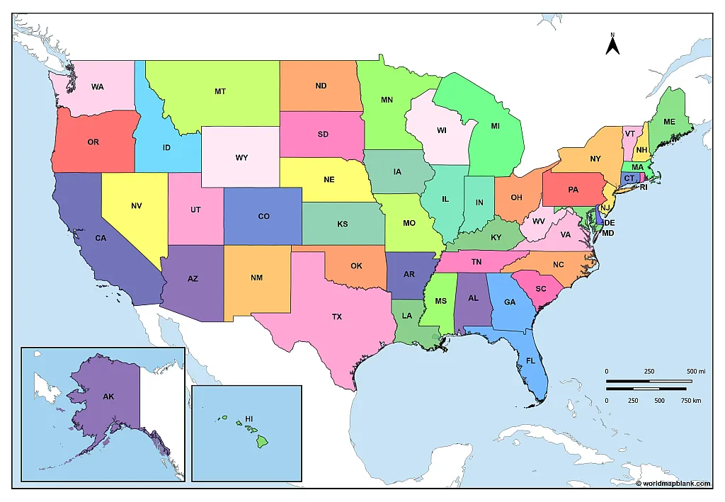 United States 50 States Map with Abbreviations
