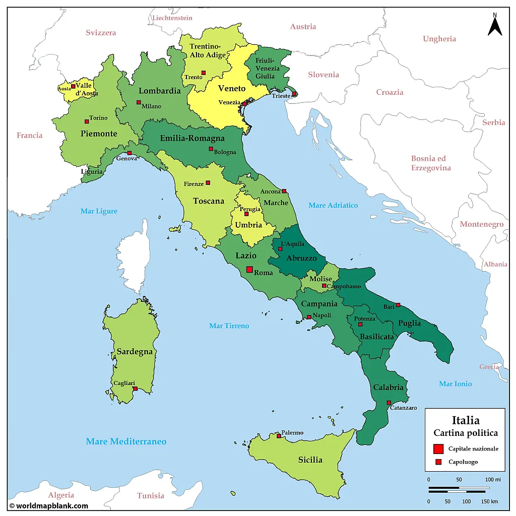 ​Cartina dell'Italia con le capoluoghi