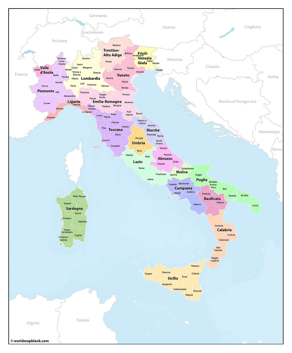 ​cartina Dell'Italia con regioni e province
