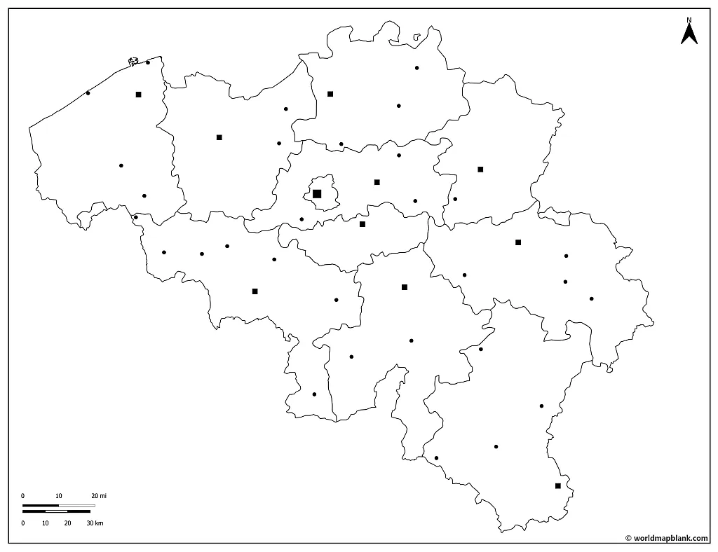 Blank Map of Belgium with Cities
