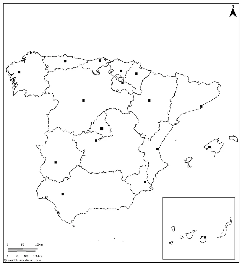 ​Blanco kaart van Spanje met hoofdsteden