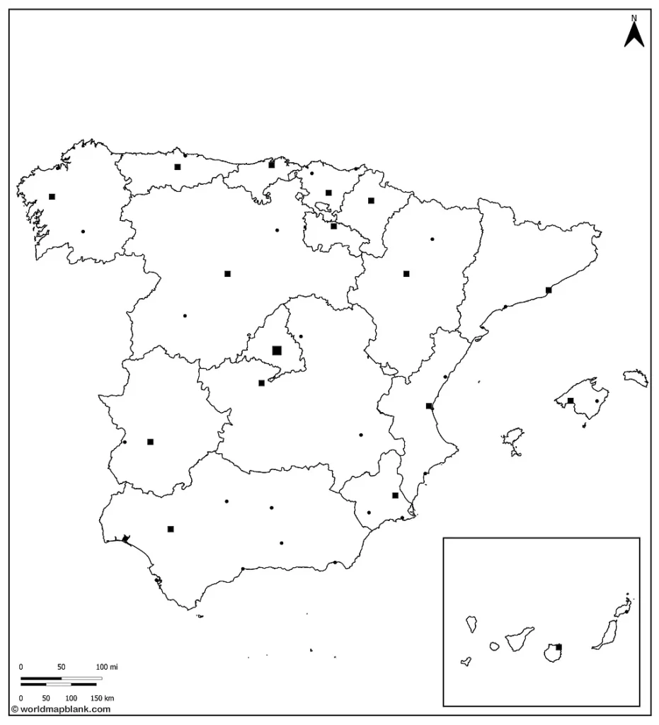​Cartina muta della Spagna con le città