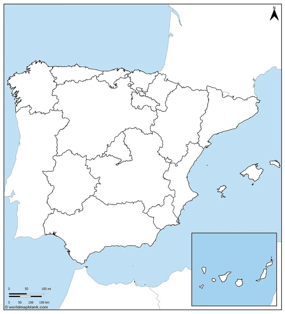 Blinde kaart van ​Spanje met buurlanden
