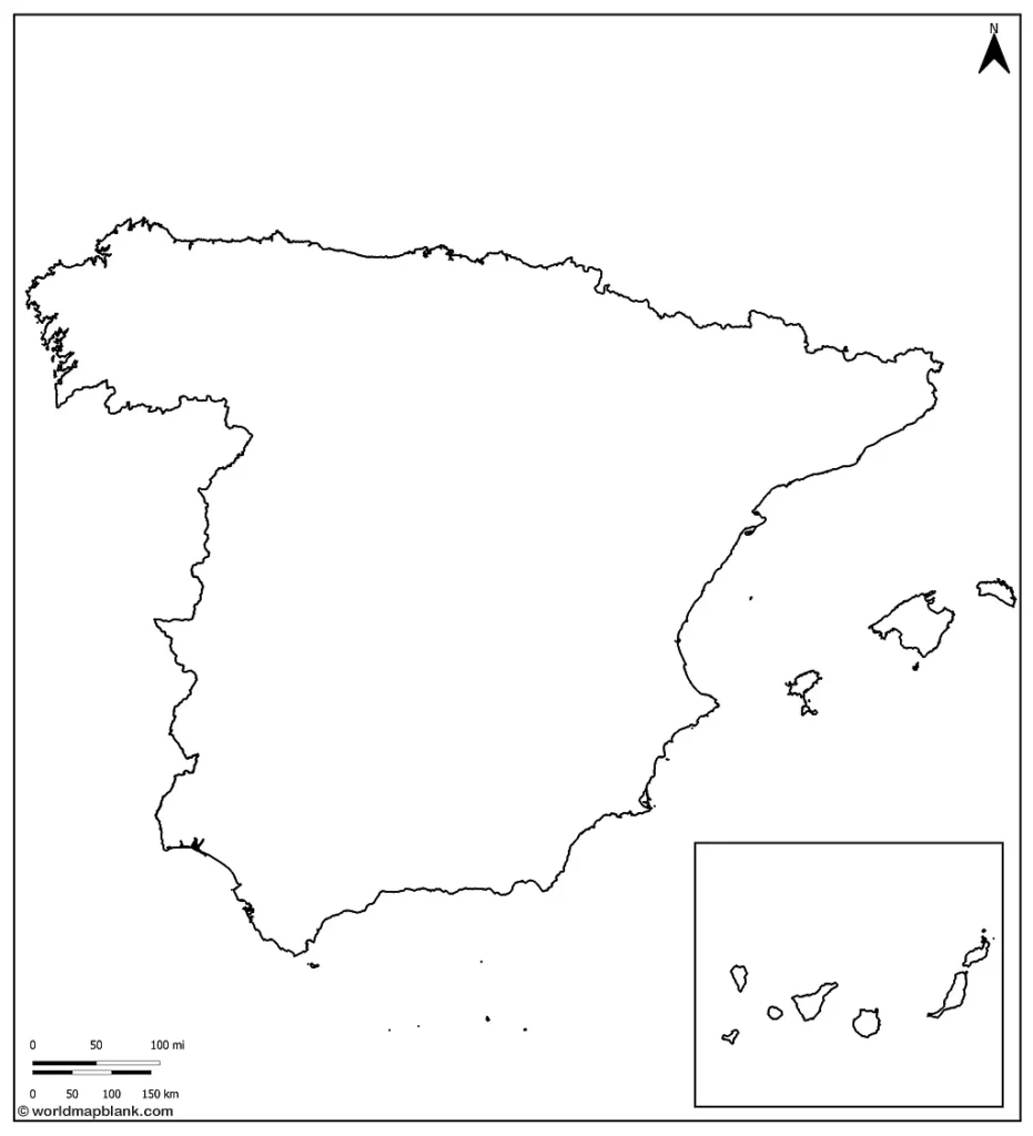 Mappa del contorno della Spagna
