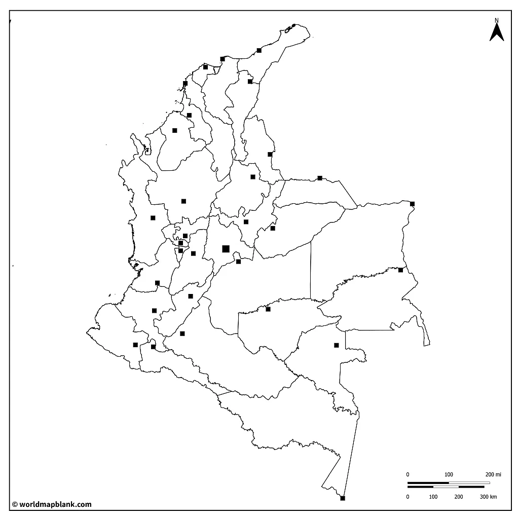 Blank Colombia Map with Capitals