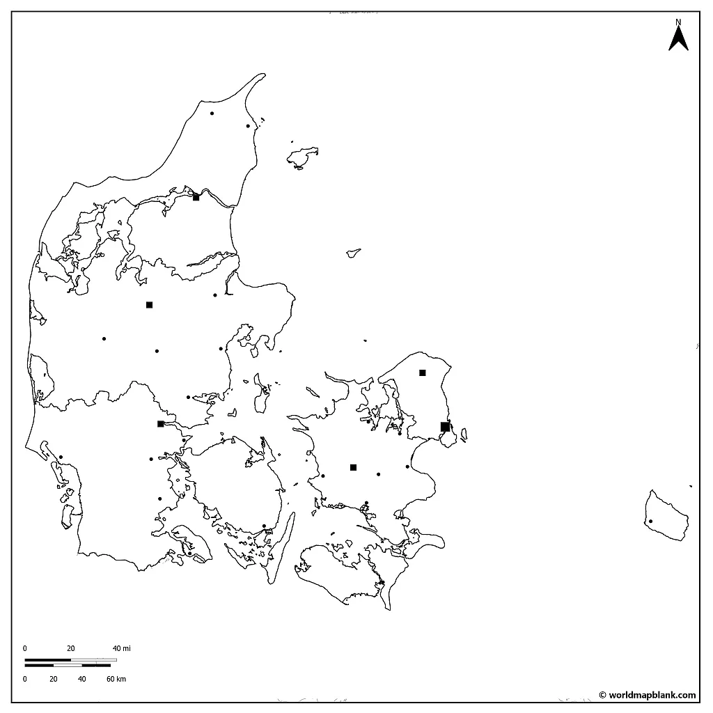 Blank Map of Denmark with Cities