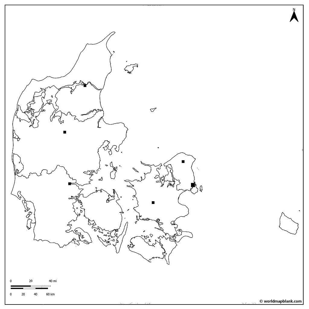 Blank Map of Denmark with Region Capitals