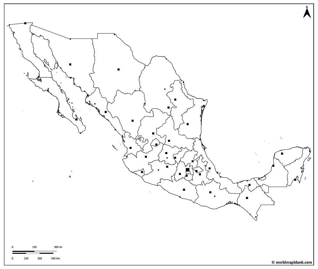 Blank Map of Mexico with Cities