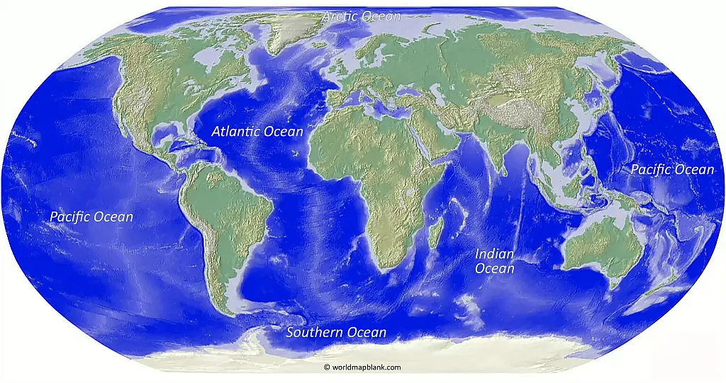 Physical Map of World with Oceans Labeled
