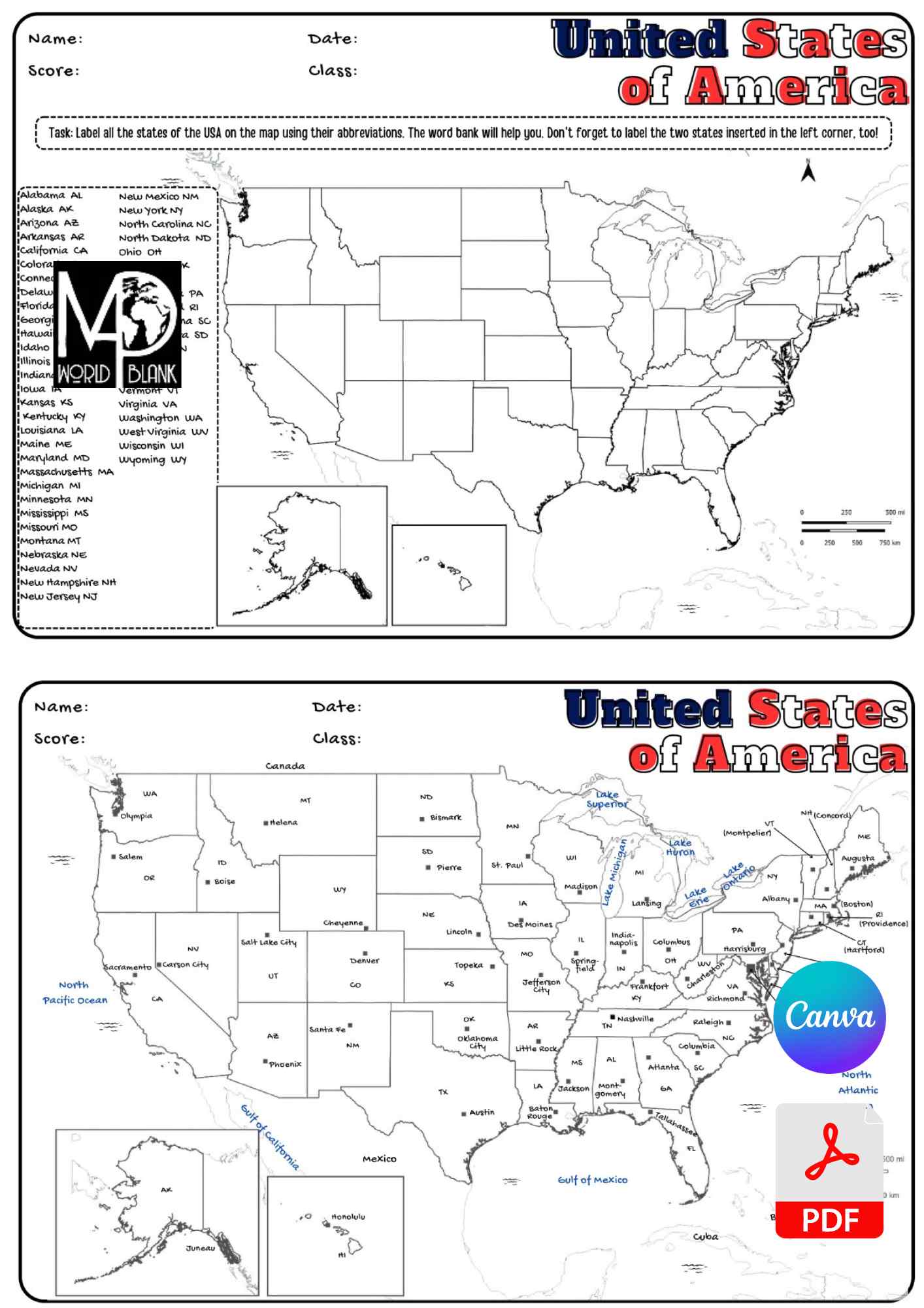 USA States and Capitals Worksheets