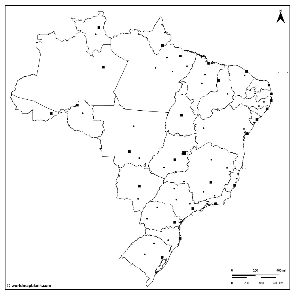 Blank Brazil Map with Cities