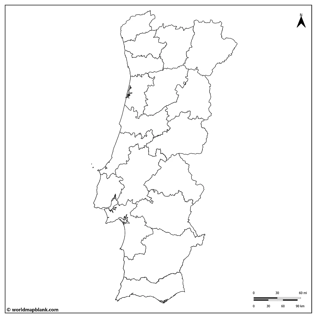 Blank Map of Portugal with Districts