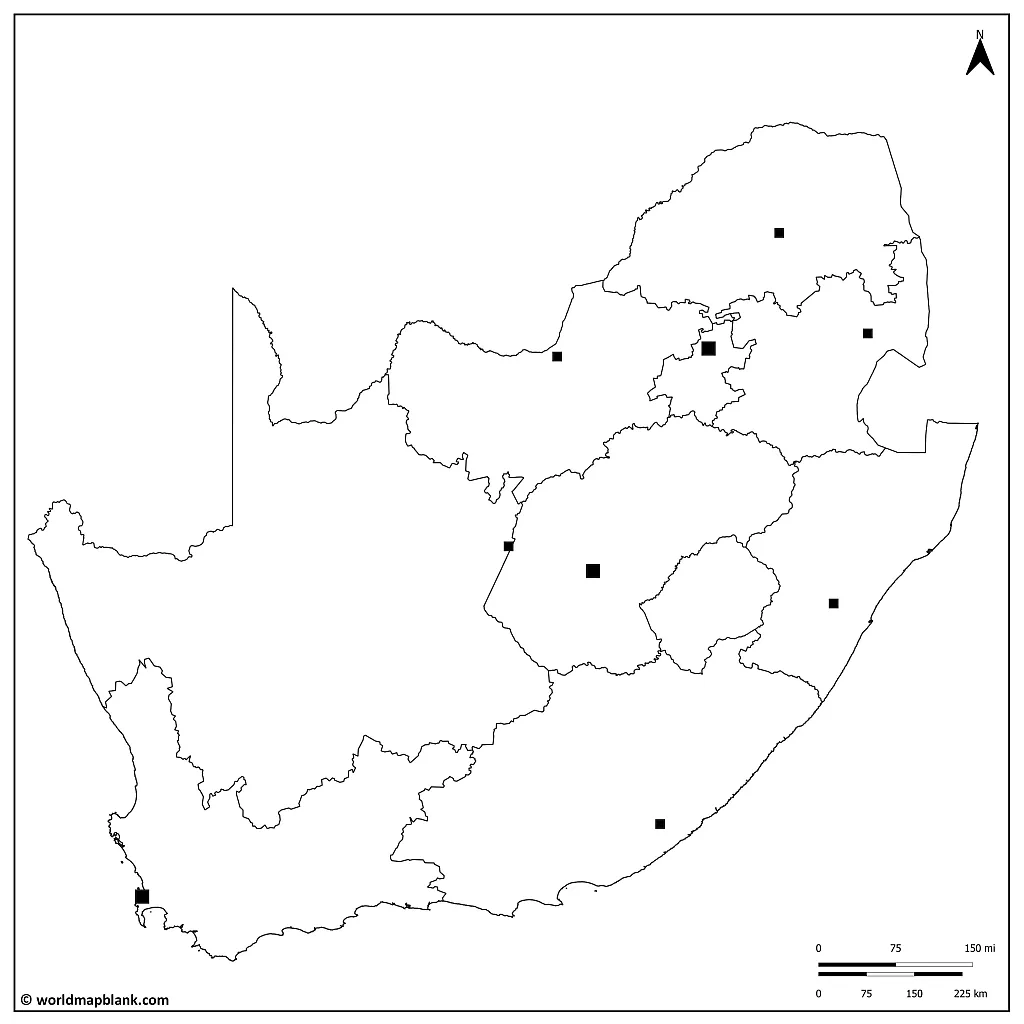 Blank Map of South Africa with Capitals