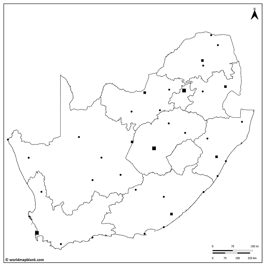 Blank Map of South Africa with Cities