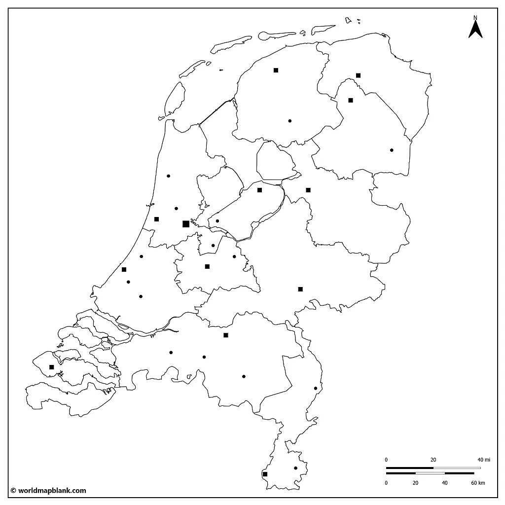 Blank Netherlands Map with Cities