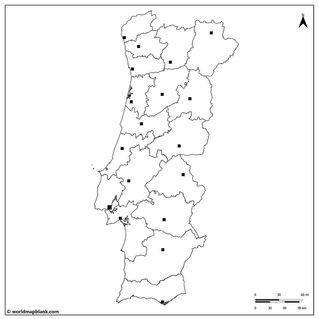 Blank Portugal Map with Capitals