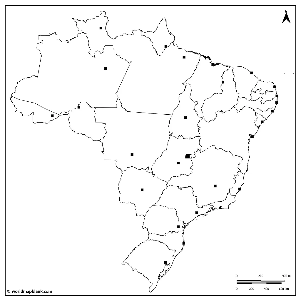 Brazil Blank Map with State Capitals