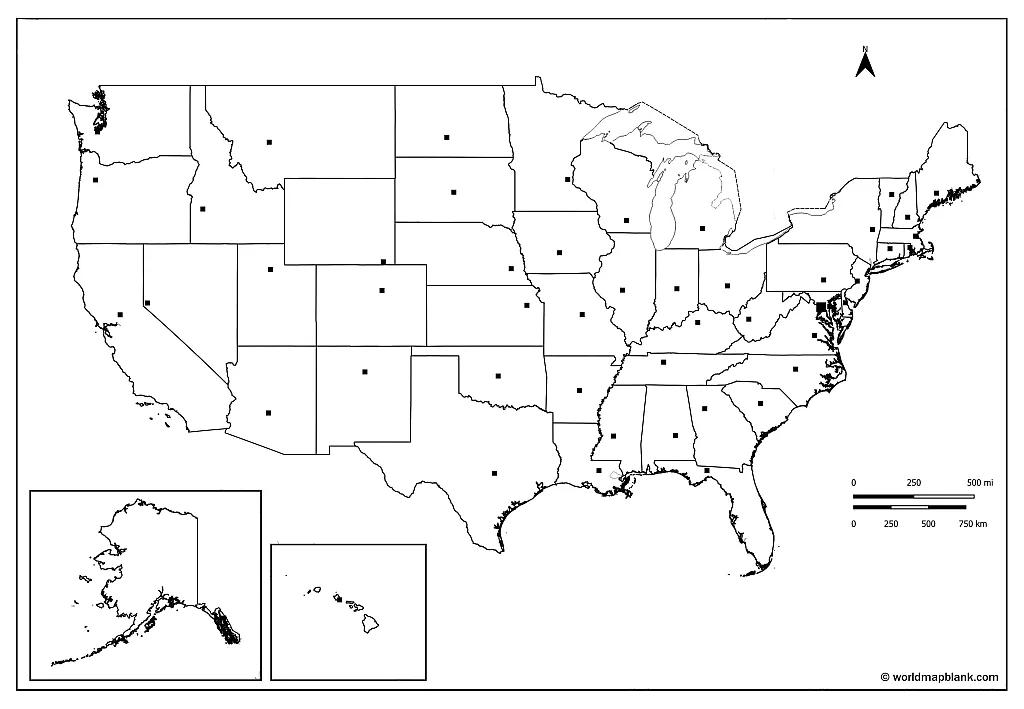 Blank Map of the Us with Capitals