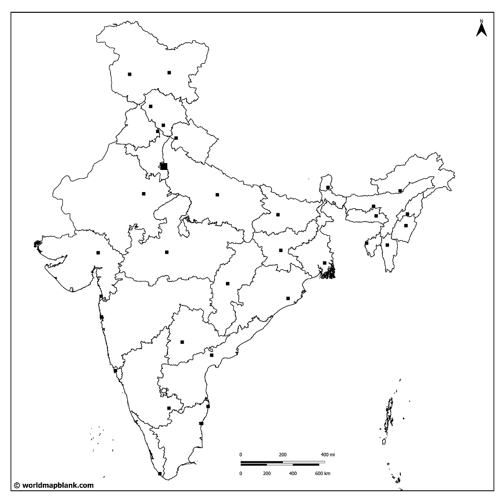 ​Stumme politische Karte von Indien mit Hauptstädten