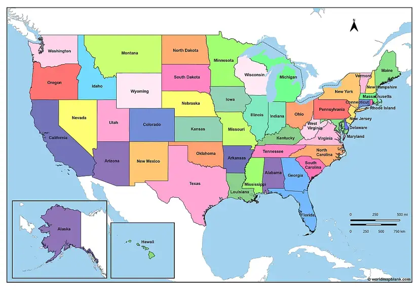 USA Map with the States Names