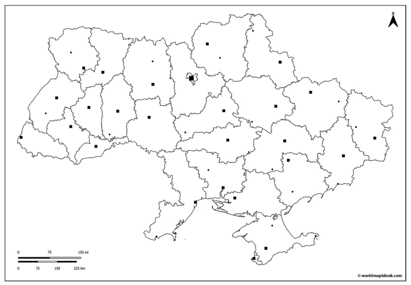 Ukraine Outline Map With Major Cities