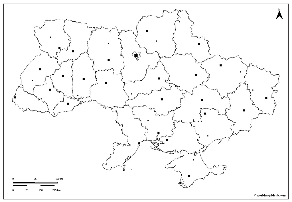 Ukraine Outline Map with Major Cities