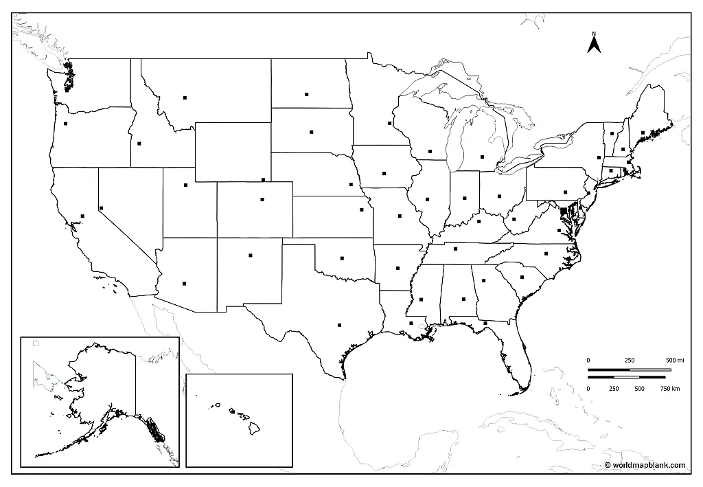 Blank Us Map with Capitals and Neighboring Countries