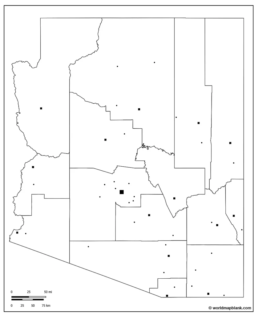 Arizona Map Outline with Cities and Towns
