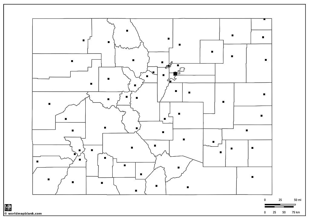 Blank Colorado Map with Capital City and County Seats