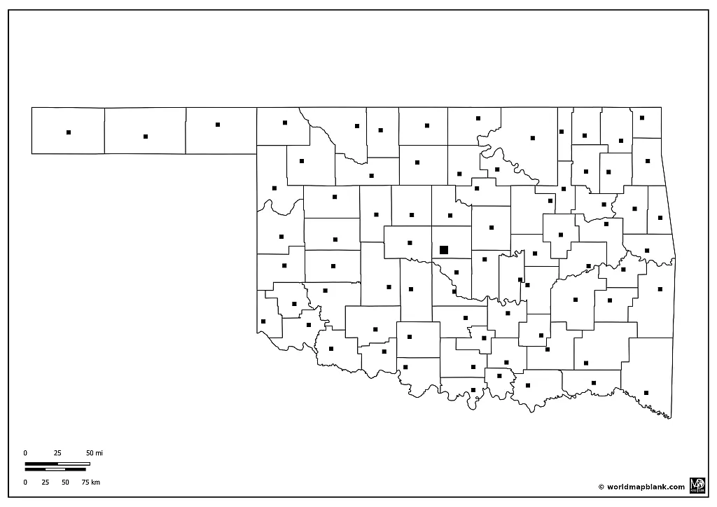 Oklahoma Outline Map with Capital and County Seats