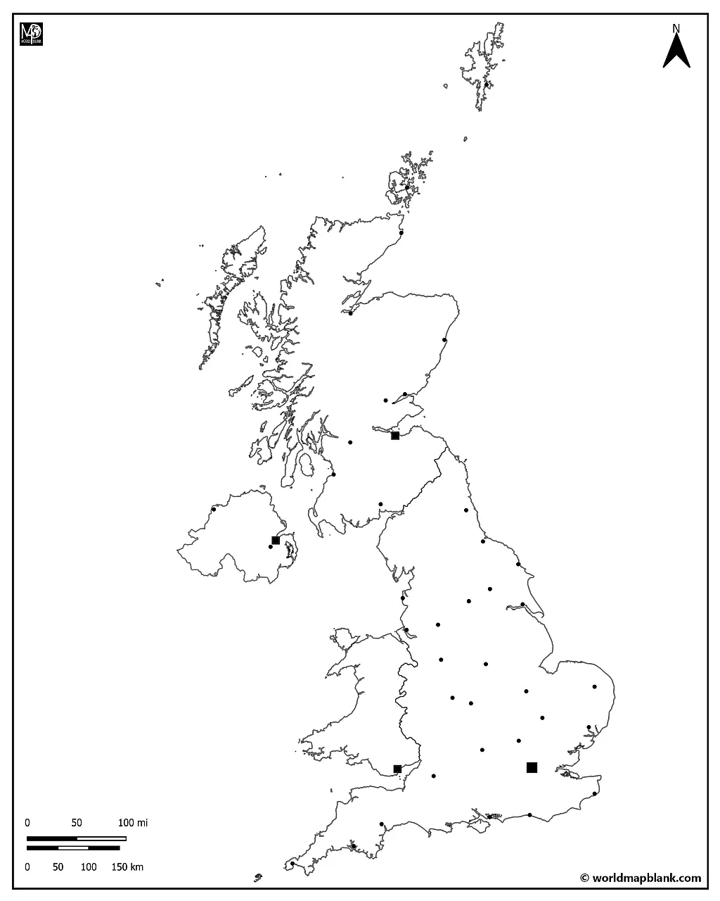 Uk Outline Map with Cities