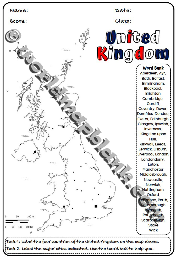 UK cities map worksheet
