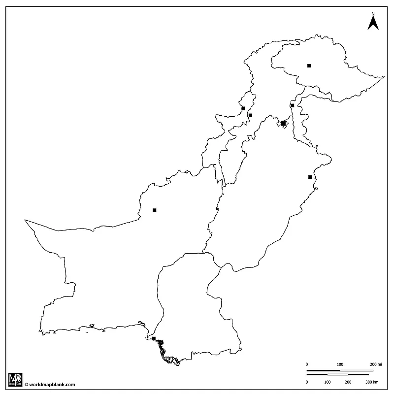 Blank Outline Map of Pakistan with Capitals